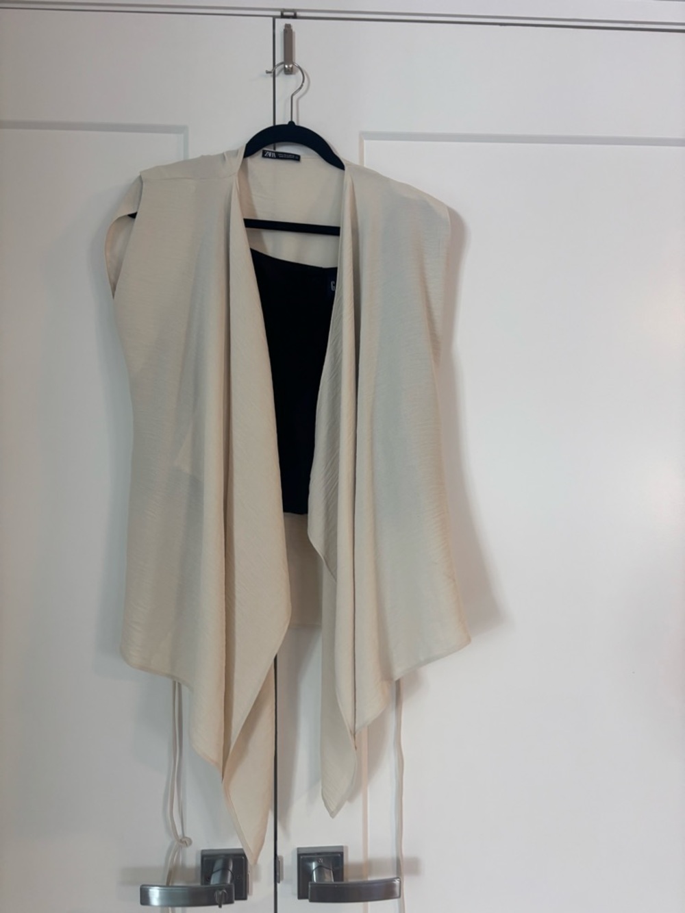 Zara Cream Textured Draped Sleeveless Vest with Tie Waist